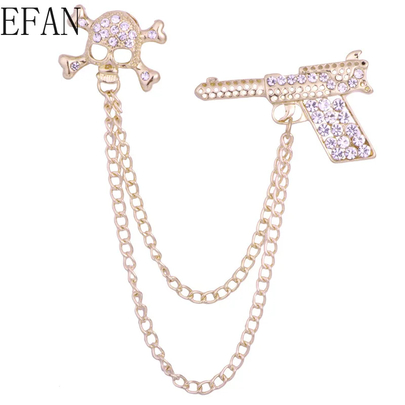Корейский Новый Металлический Череп пистолет Брошь Стразы кисточка цепочка