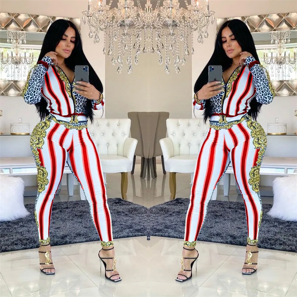 Женский спортивный костюм из двух предметов с леопардовым принтом в полоску