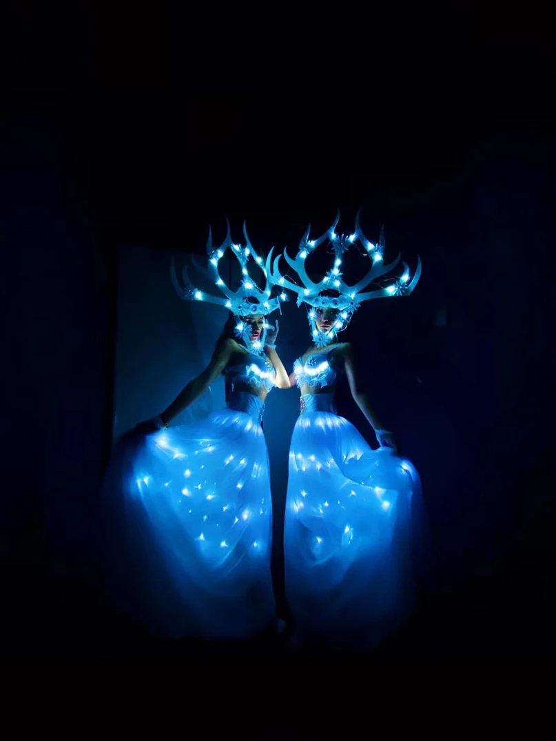 

Lumious stage dance wear Led light Glowing White Snow Queen Bar Party Showcase Dress Tour Ds Costume
