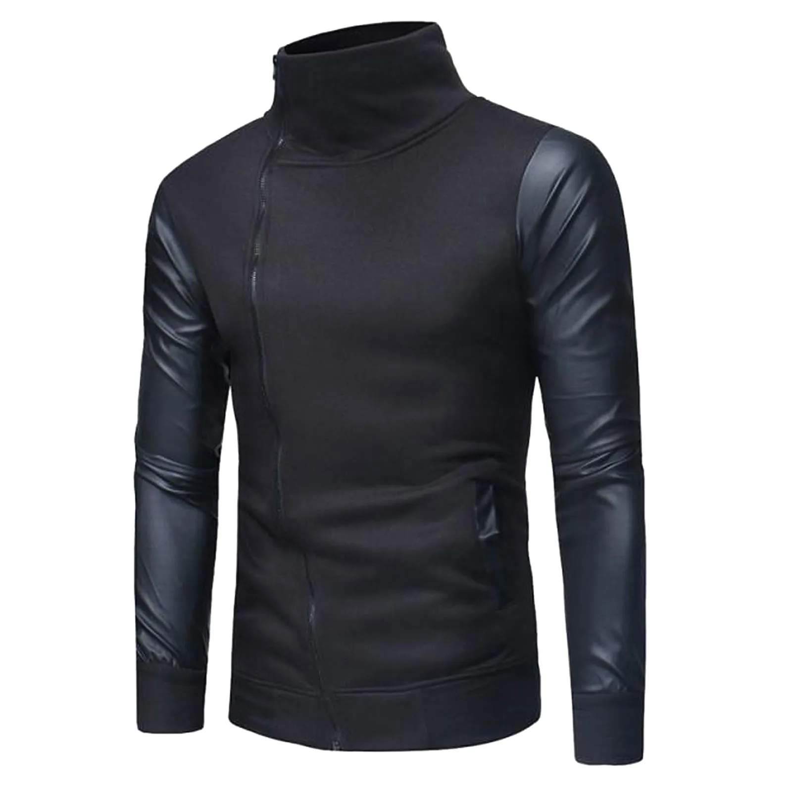

Men's Stitching Leather Sleeve Stand Collar Jackets Men's Casual Zipper Coat Winter Waterproop Hooded Coat Streetwear Jackets