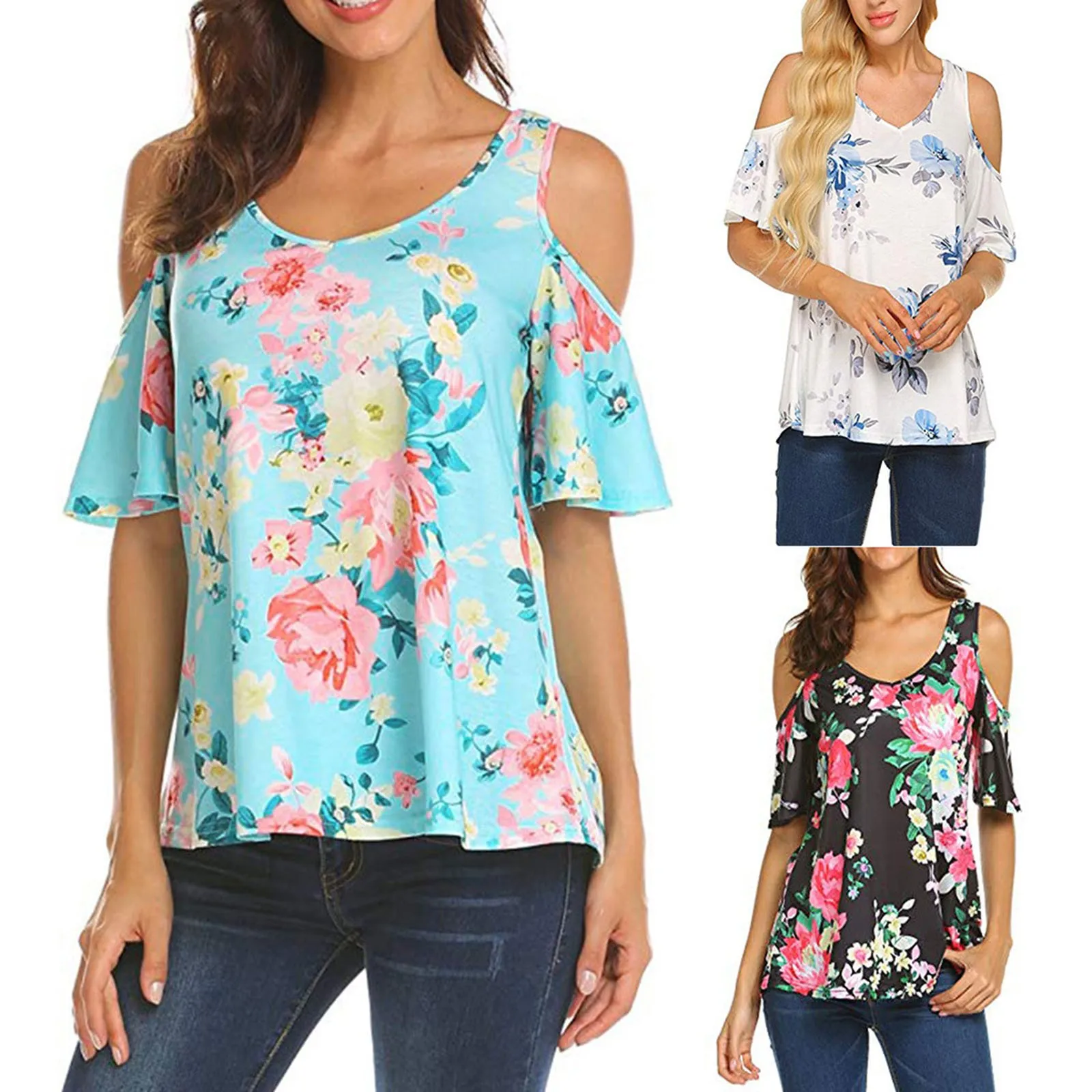 Футболка женская летняя с цветочным принтом и открытыми плечами | Женская одежда