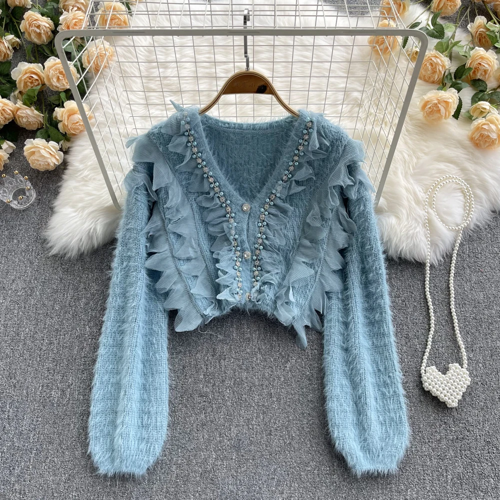 WIGADFHK Fashion Korean Knitted Cardigan Women Design Beading V Neck Short Tops Chic Soft Streetwear Autumn Winter Sweater New