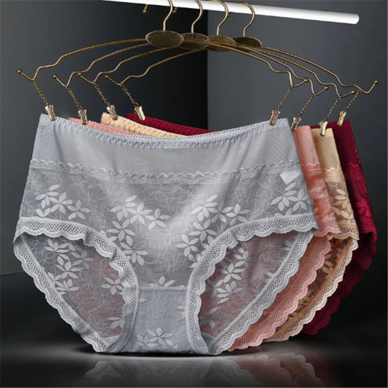 

Oversized ultra-thin women's mid-waist sexy hollow panties 100kg lace sexy fashion cotton briefs 4PCS