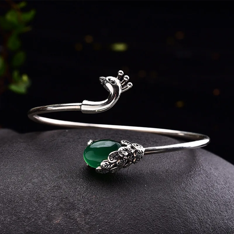 

Natural open 925 sterling silver peacock inlaid pomegranate red green agate jade personality temperament ladies jewelry bangles
