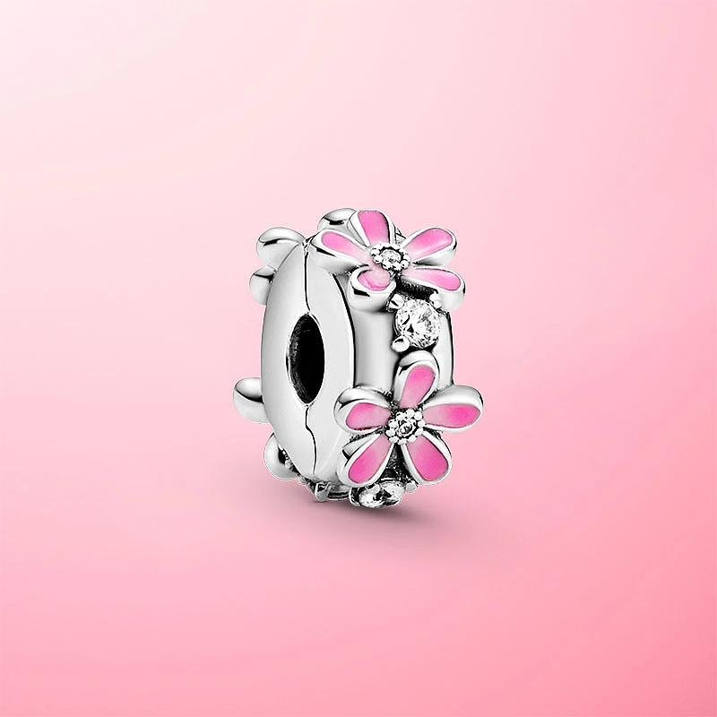 

New Hot 925 Sterling Silver Beads Pink Daisy Flower Clip Charm fit Original Pandora Charm Bracelet S925 Silver Jewelry Gift