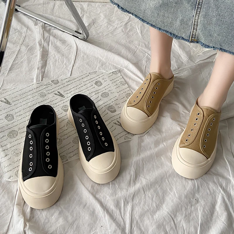 

Cover Toe Shoes Woman 2021 Female Slippers Med Luxury Slides Loafers New Flat Designer Summer Rome Rubber Canvas Fabric Basic