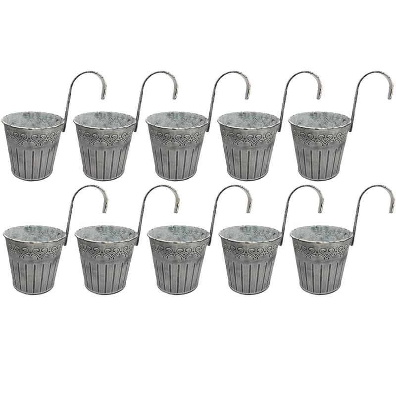 

Hanging Flower Pots, Balcony Planters Railing Hanging, Small Galvanized Metal Fence Planters for Outdoor Plants 10 Pack