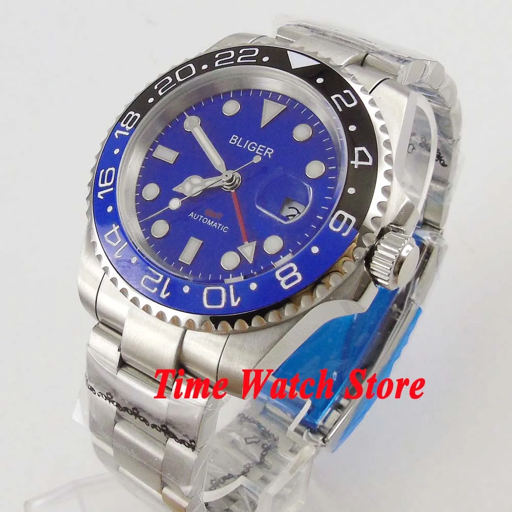 

Bliger 40mm GMT 3804 Automatic men's watch blue dial luminous saphire glass Ceramic Bezel