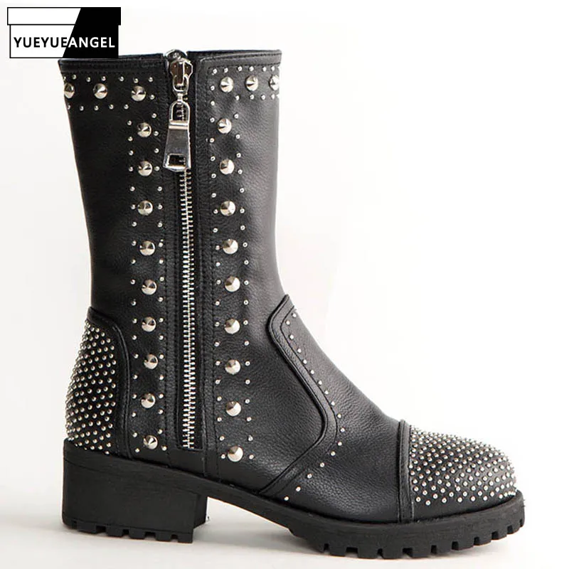 Новинка Сезон Зима Женские заклепки мотоциклетные ботинки в стиле панк из
