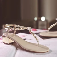 summer new style pearl flip flop sandals with thick heel rhinestone flip flops and womens shoes