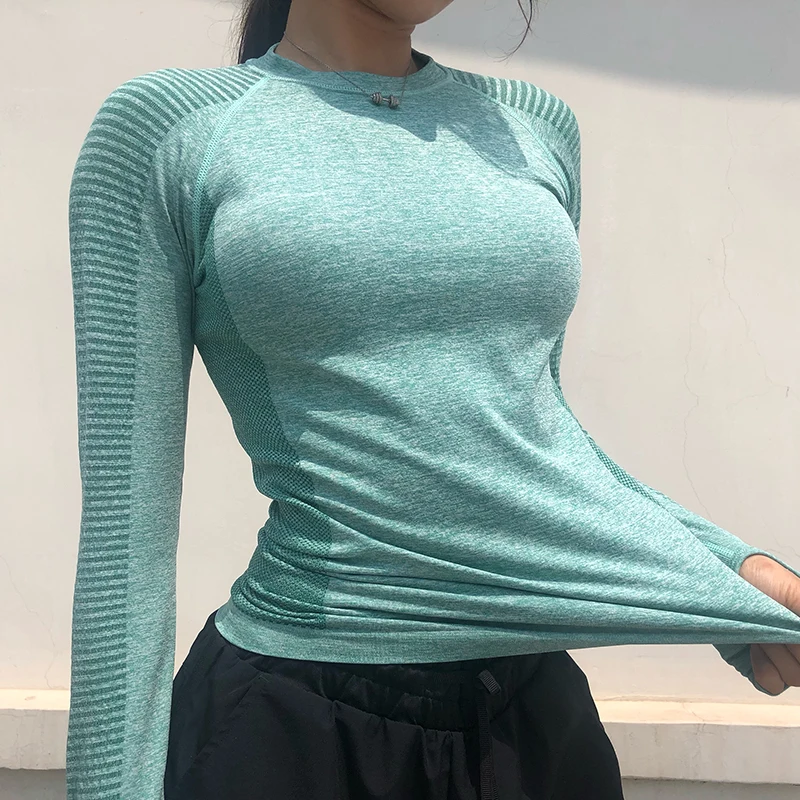 

Women Sexy Fitness Sport Shirts Solid Color High Elastic Gym Yoga Top Running Breathable Summer Long Sleeve T-Shirts