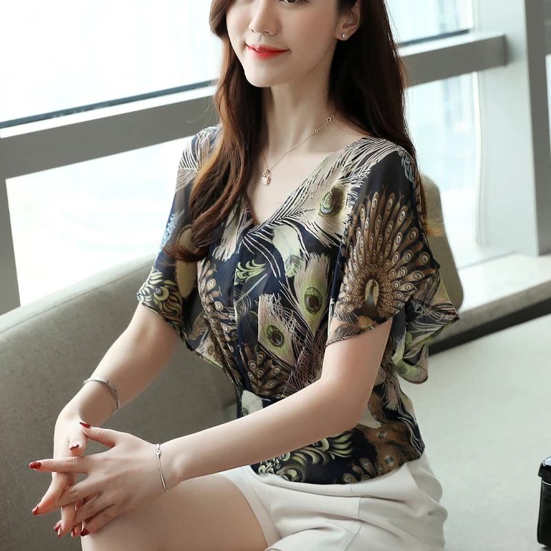 

Sexy V-neck Ruffle Blouses 2021 Short Sleeve Print Chiffon Tops Casual Plus Size Women Blouse Vintage Busas Elegantes 8836 50