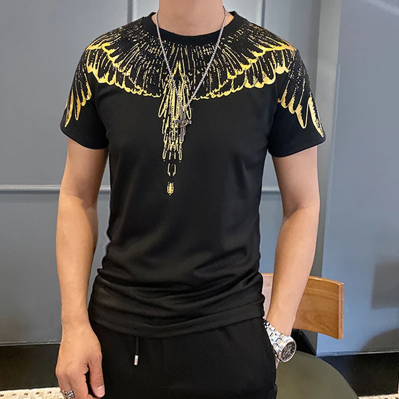 

Drops Feather Diamond Wings Printed Mercerized Clothes Short-sleeved T-shirt Men's Fashion Hot Diamond Tassel T Shirt Men