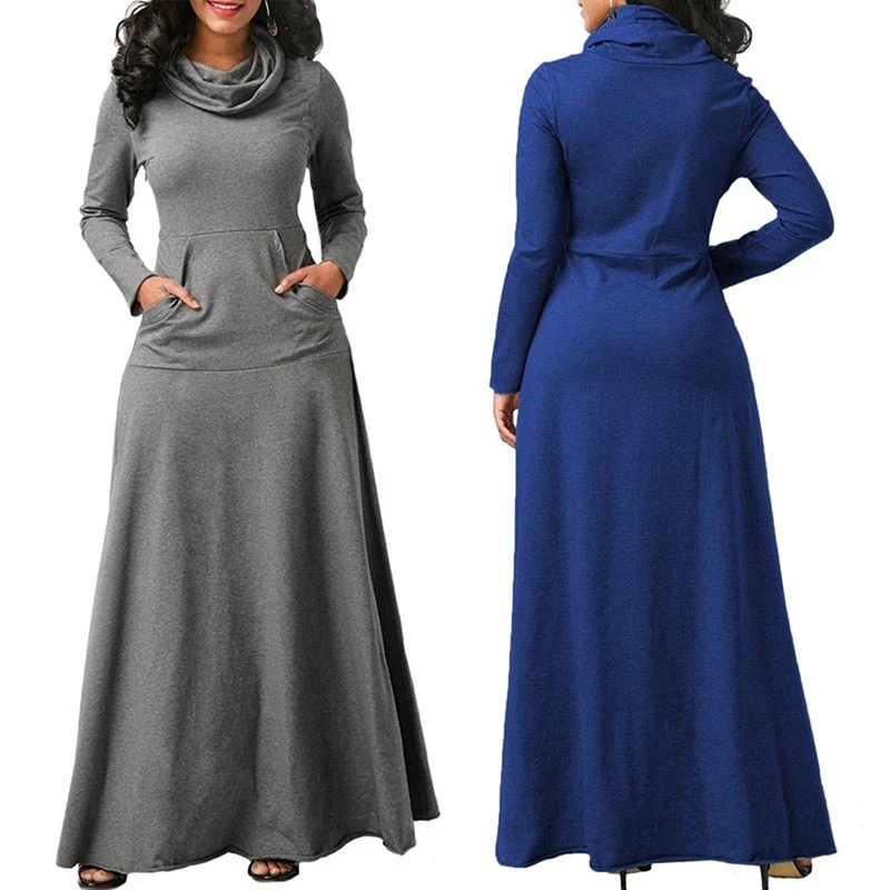 

Women Maxi Dress With Pocket Casual Solid Long Sleeve Vintage Long Dress Bow Neck Elegant Warm Long Dress Robe Female Vestidos