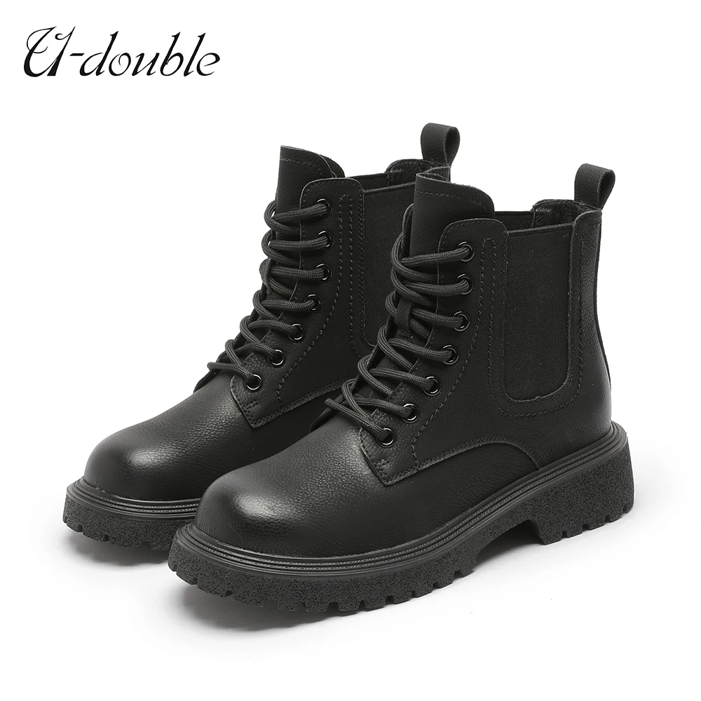 

U-Double Genuine Leather Chelsea Boots Fashion Ankle Boots Women Round Toe Slip-On Platform Boots Thick Bottom Ladies Short Boot