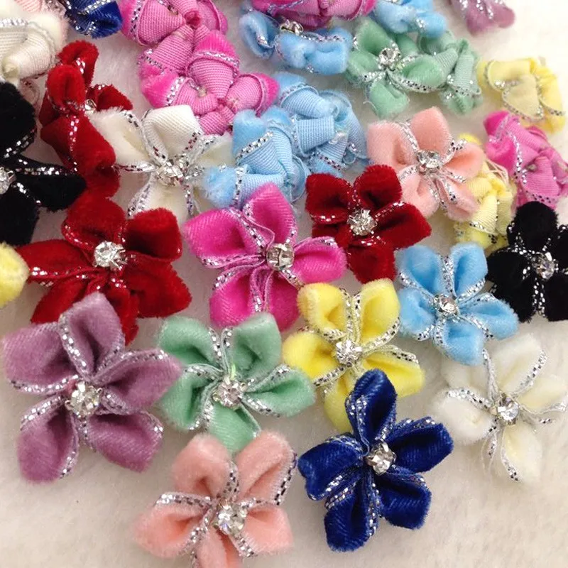 

40 pc Velvet Ribbon Flowers Bows W/Rhinestone Appliques Wedding 25mm A294