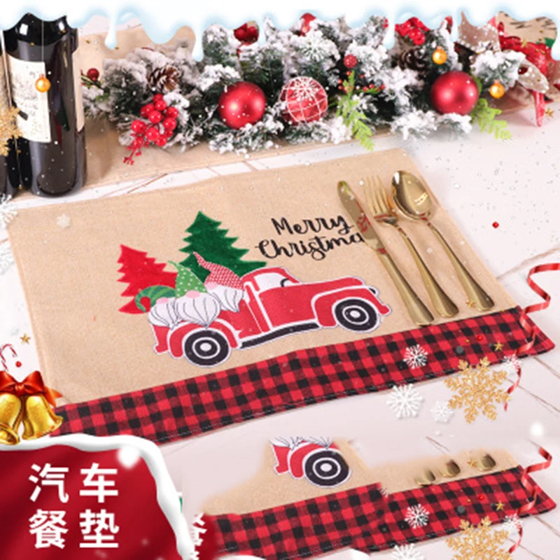 Christmas Atmosphere Decoration Car Placemat Western Food Insulation Placemat Knife And Fork Storage Bag Burlap Embroidery Craft