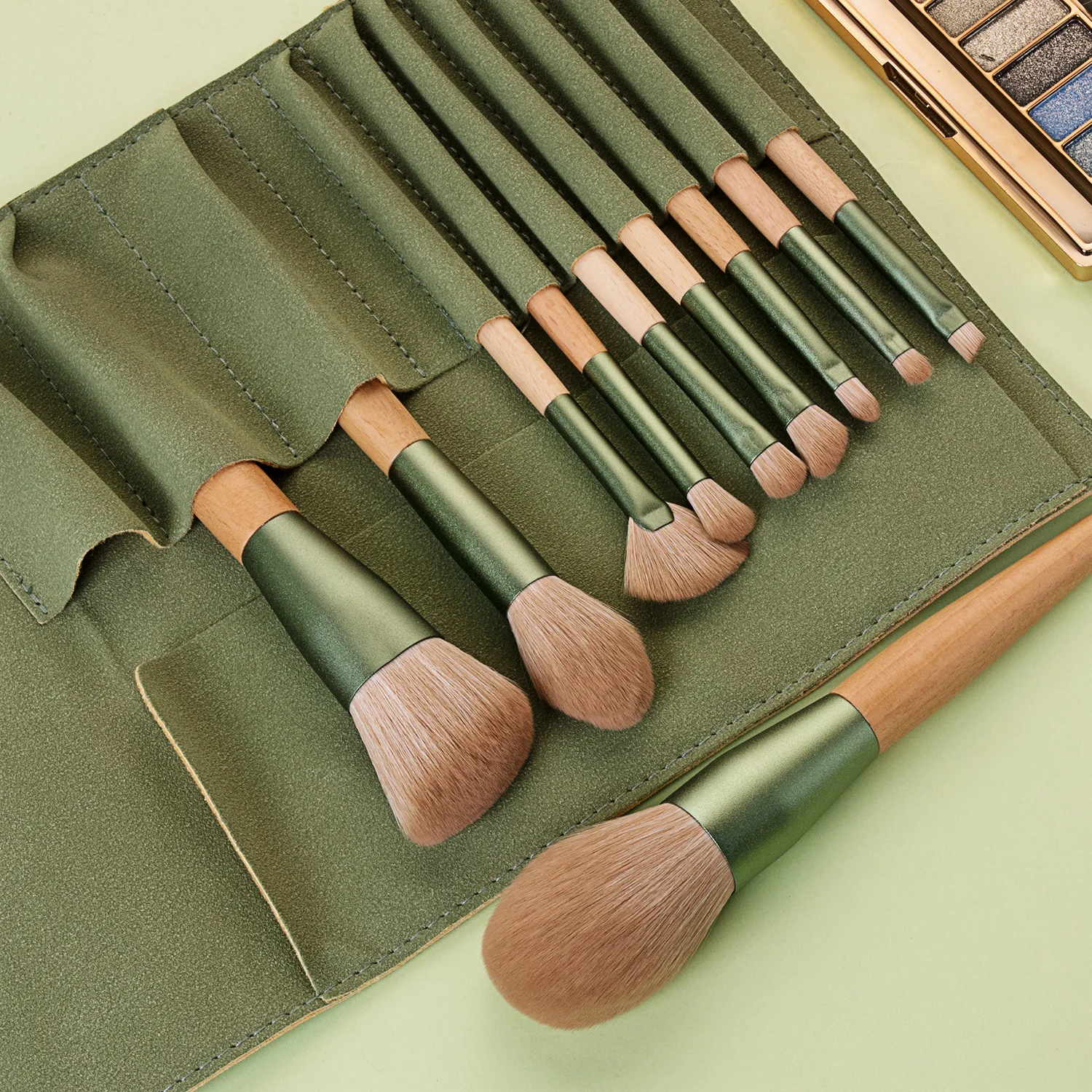 

10pcs green makeup brushes with leather bag powder brushes eye shadow brushes beauty makeup tools