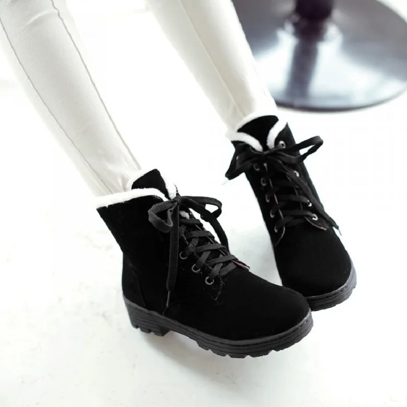 

winter new women's snow boots round head suede side with cross straps rubber bottom low heel round head plus velvet ankle boots