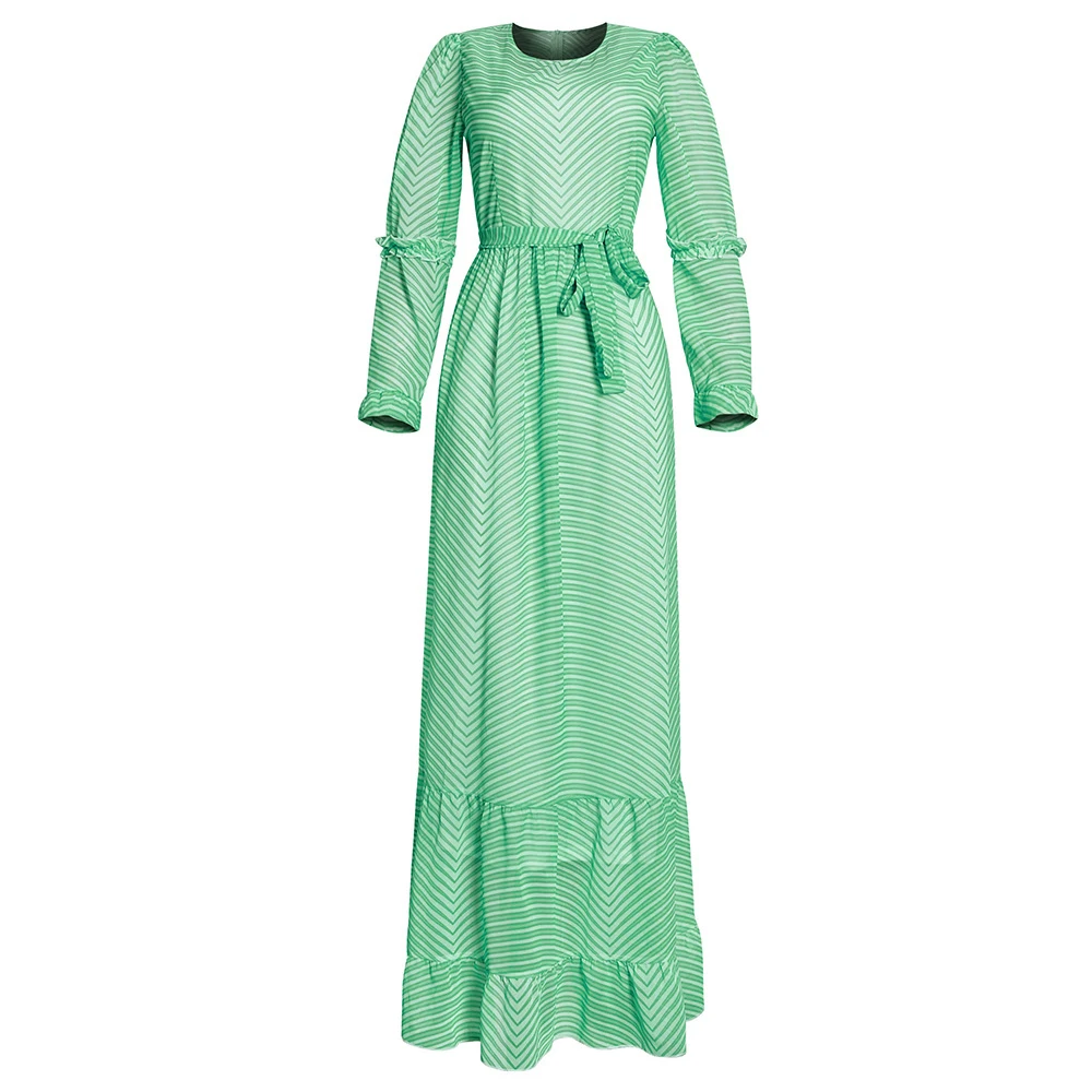 

Autumn 2021 Fashion Large Size Stripe Women's Dress Two-piece Suit Ruffle Round Neck Long Sleeve African Temperament Casual