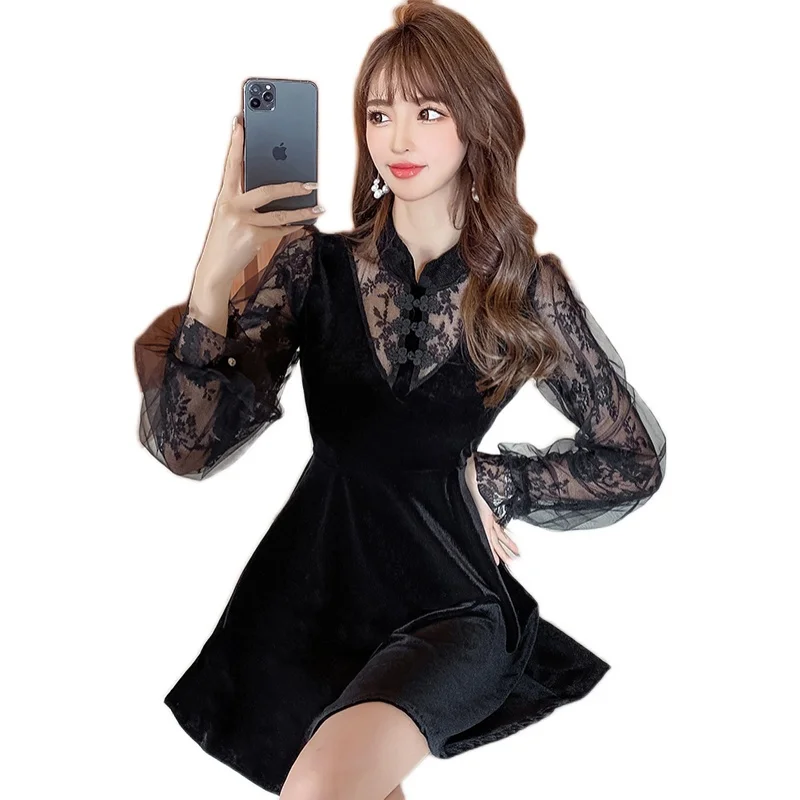 

Fashion women's dress 2021 new velvet self-cultivation improved cheongsam lace stitching dress