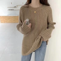 autumn and winter 2021 new korean lazy style sweater round neck loose pullover wearing solid color knitted top