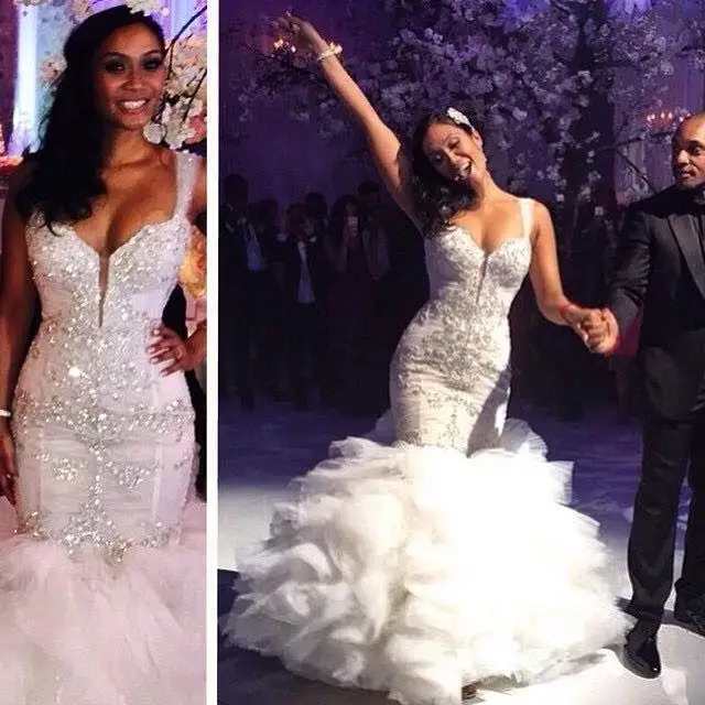 

2021 luxury Mermaid Wedding Dresses Crystals Beaded Ruffled Tiered Skirt Court Train Bridal Gowns wedding gown vestidos de Noiva