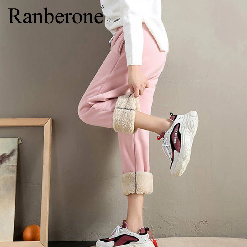 Ranberone Outdoor Plus Velvet Sweatpants Women's Casual Pants Winter Warm Harem Trousers Solid Color Fitness Leggings 2020