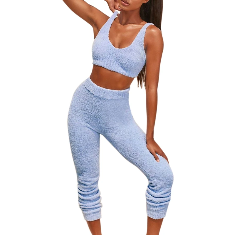 

2 Set Women Sleeveless Fleece Crop Tops Short Pant 2 Pieces Set Plush Homewear Tracksuit M, Khaki & Blue