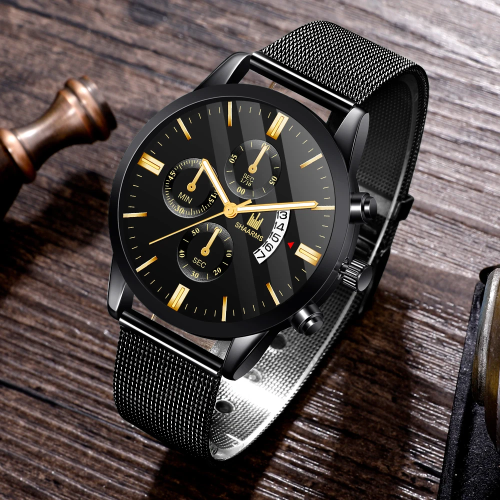 Мужские спортивные часы черный сетчатый ремешок кварцевые из нержавеющей стали