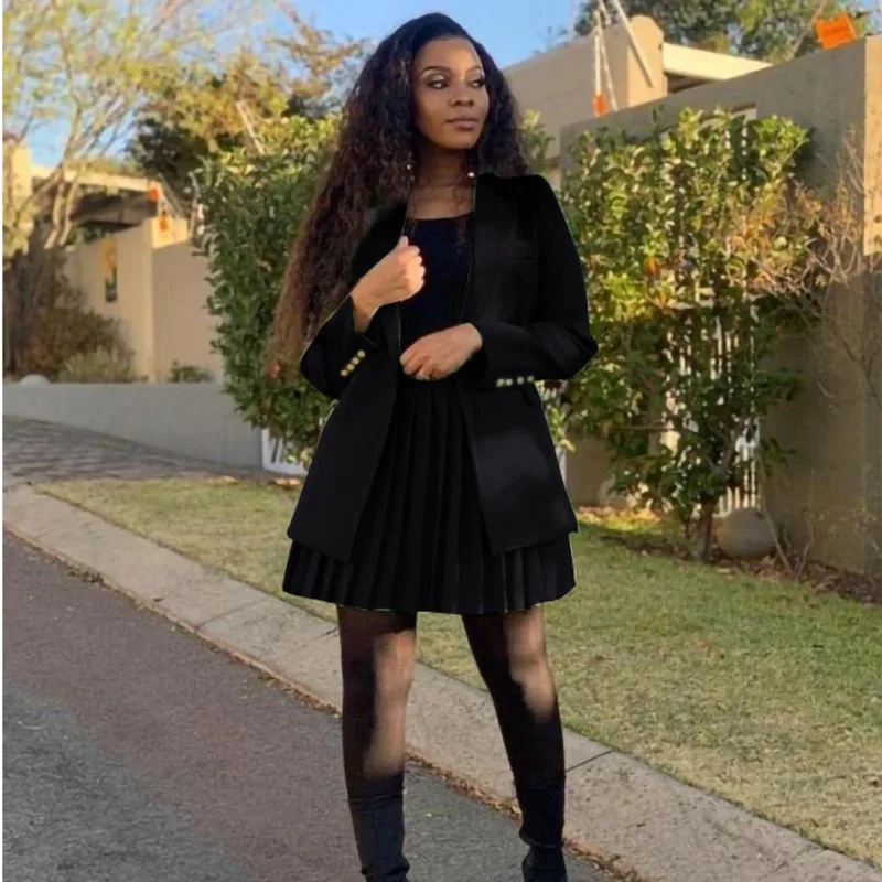 

Women Two Piece Elegant Suits Long Sleeve Casual Blazer And Pleated Skirt Set Long Sleeve V-neck 2 Pecs Womens Skirt Set