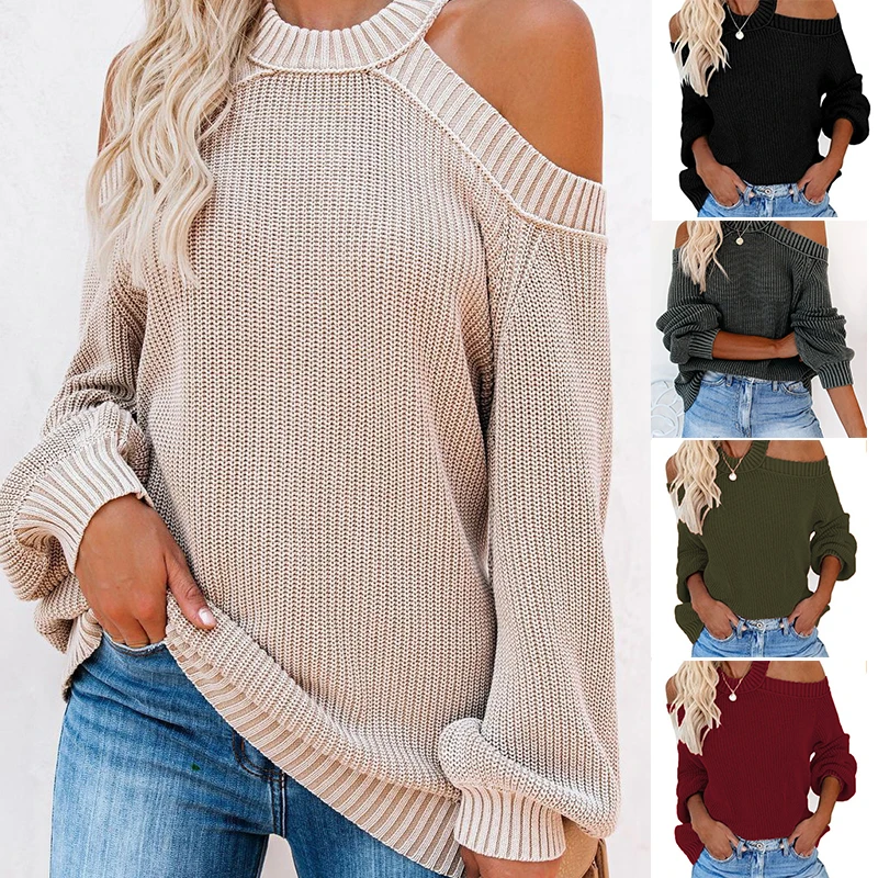 

Осень 2021, пикантная женская рубашка с открытыми плечами, свитер с перекрестной спиной и длинными рукавами, свободный крой, вязаные топы, одн...