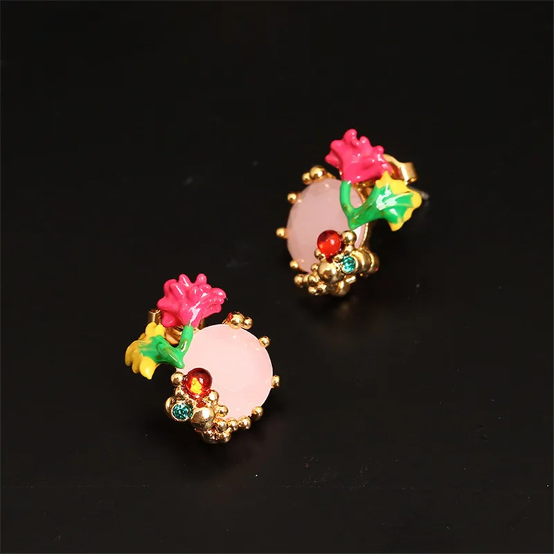 

Fashion Elegant Enamel Earrings New Vintage High Quality Crystal Flower Stud Earrings for Women Jewelry S925 Piercing Aretes