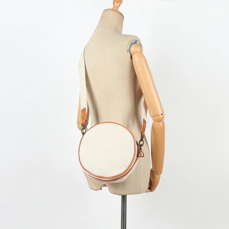 Original Cotton Canvas Circular Crossbody Bag Women's Bags Vintage Casual Cowhide Shoulder Small Round Bag Fashion Travel Purses
