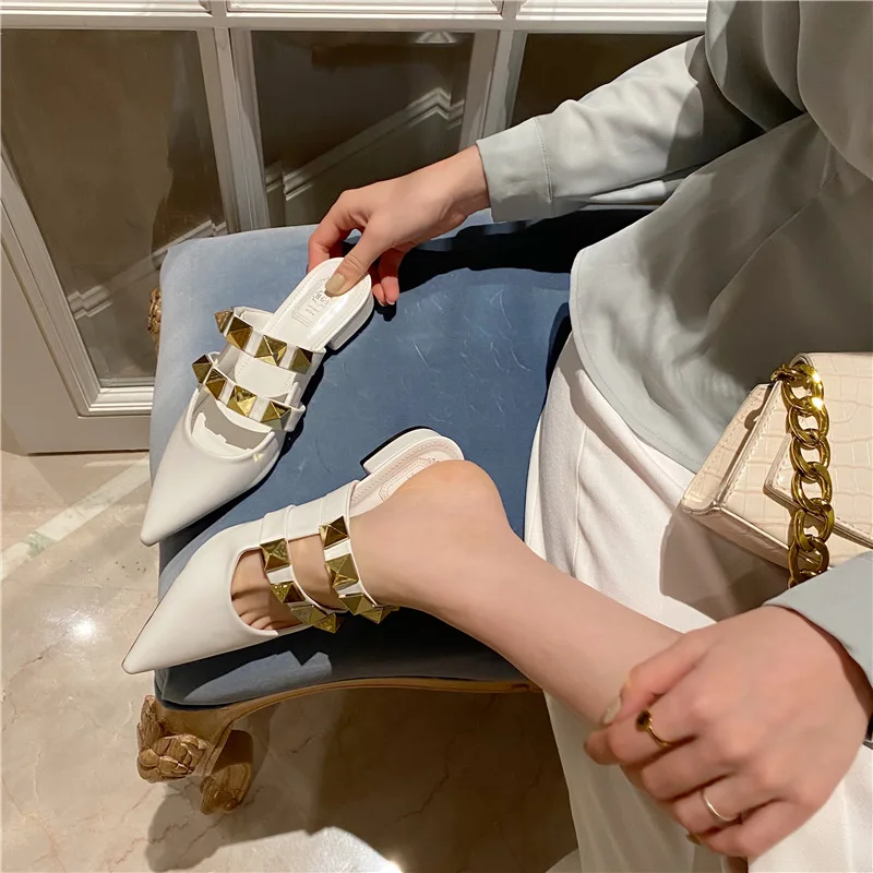  2021 New Brand Women Flat Slippers Fashion Rivet Close Toe Mule Shoes Slip on Casual Loafers Outdoor Slides Flip Flops | Обувь