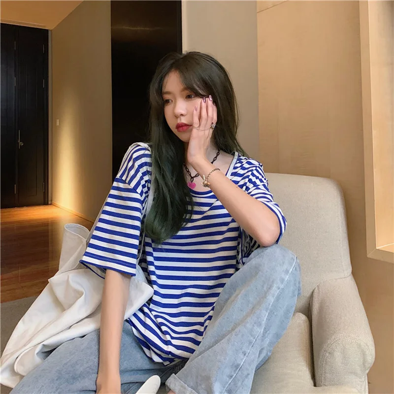 

Summer 2021 Fashion Sexy Design Striped Round Neck Split Mid-Length Short-Sleeved T-Shirt Top Women