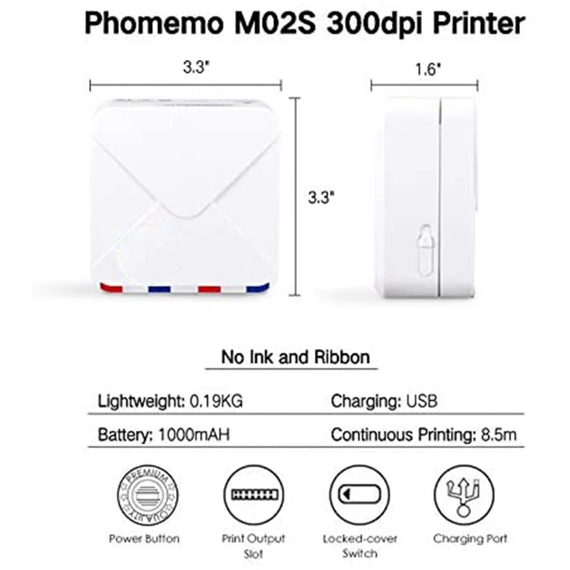 

HOT-M02S Thermal Printer Wireless Bluetooth Portable 300Dpi HD Printing , Suitable for Organization, Photos Printing,Gift