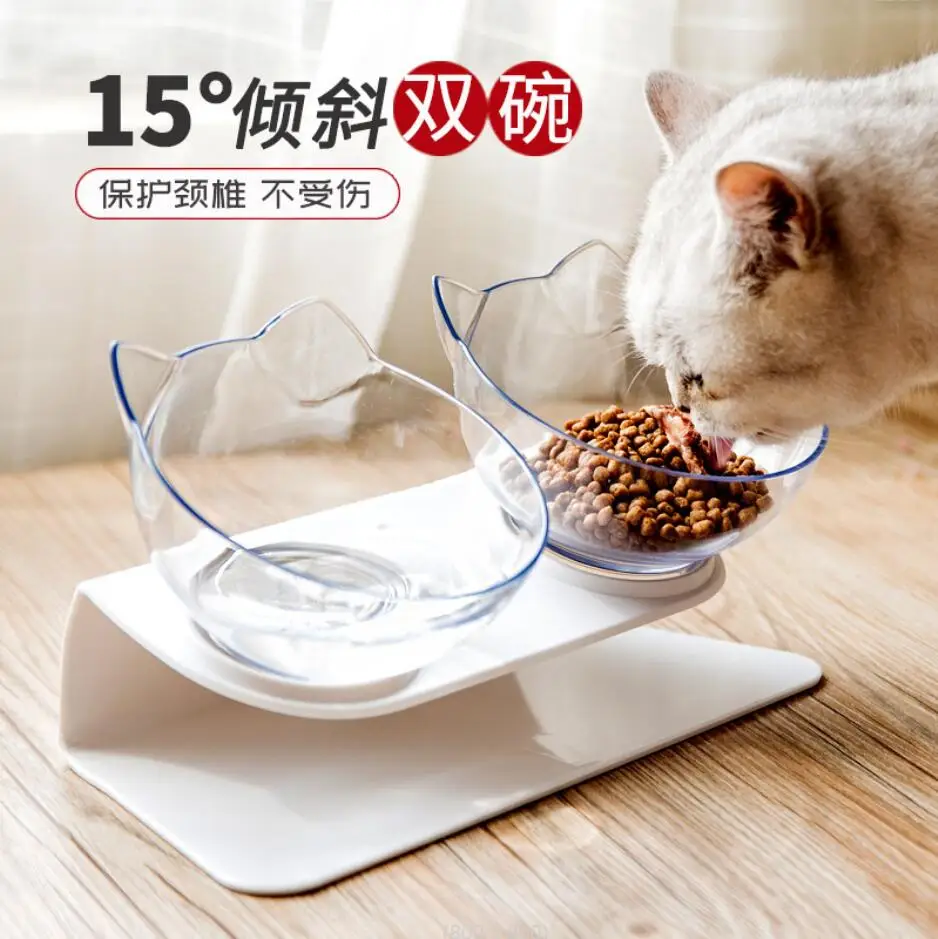

Non slip Double Cat Bowl with stand cat bowls Protect Cervical Vertebra Tilt cat food bowl Transparent AS Material Pet H0657