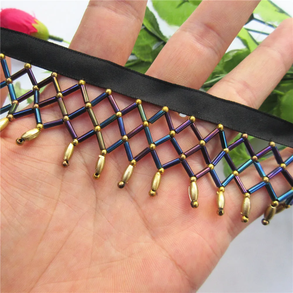 1 ярд Золотые цветные бусины кисточка кружевная отделка вязаная лента тканевые