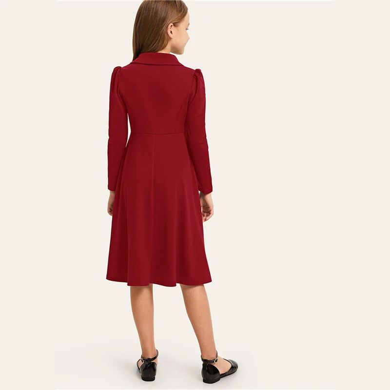 SHEIN Kiddie/красное однотонное расклешенное платье с оборками, трапециевидной формы, с поясом, летнее праздничное платье, рукав-волан, с пуговицами на спине, платья-миди для девочек
