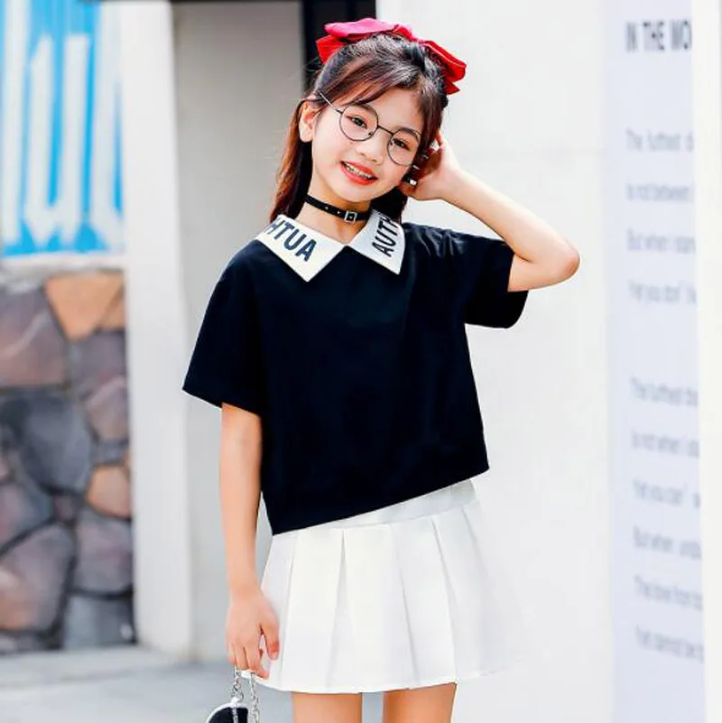 

Cultiseed Girls Letter Print Turn Down Collar Short Sleeve T-Shirts+Pleated Dress 2pc Sets Clothes Children Kids College Gowns