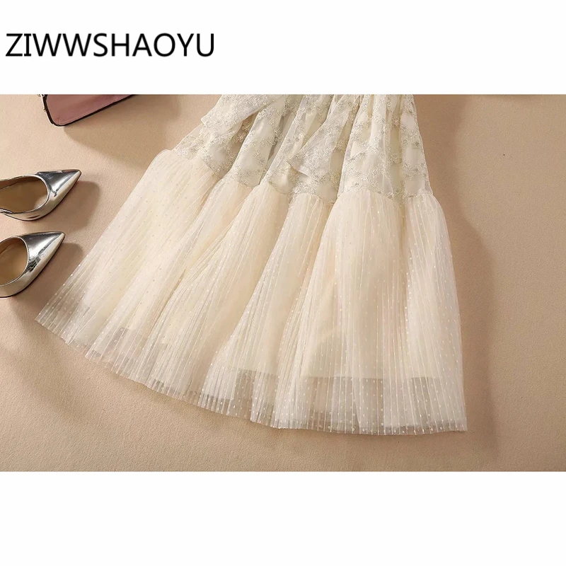 

ZIWWSHAOYU Female Summer Solid Embroidery Mesh Mini Short Dress Designer Women Stand Collar Bow Ruched Sweet Holiday Dresses