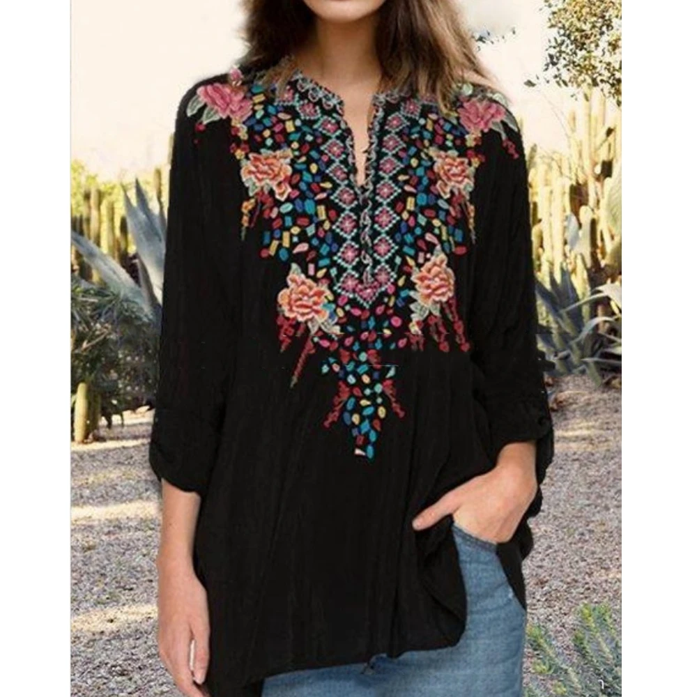 

Вышитые топы и блузка Женская Весенняя мода три четверти и v-образным вырезом размера плюс, повседневные женские топы Lugentolo