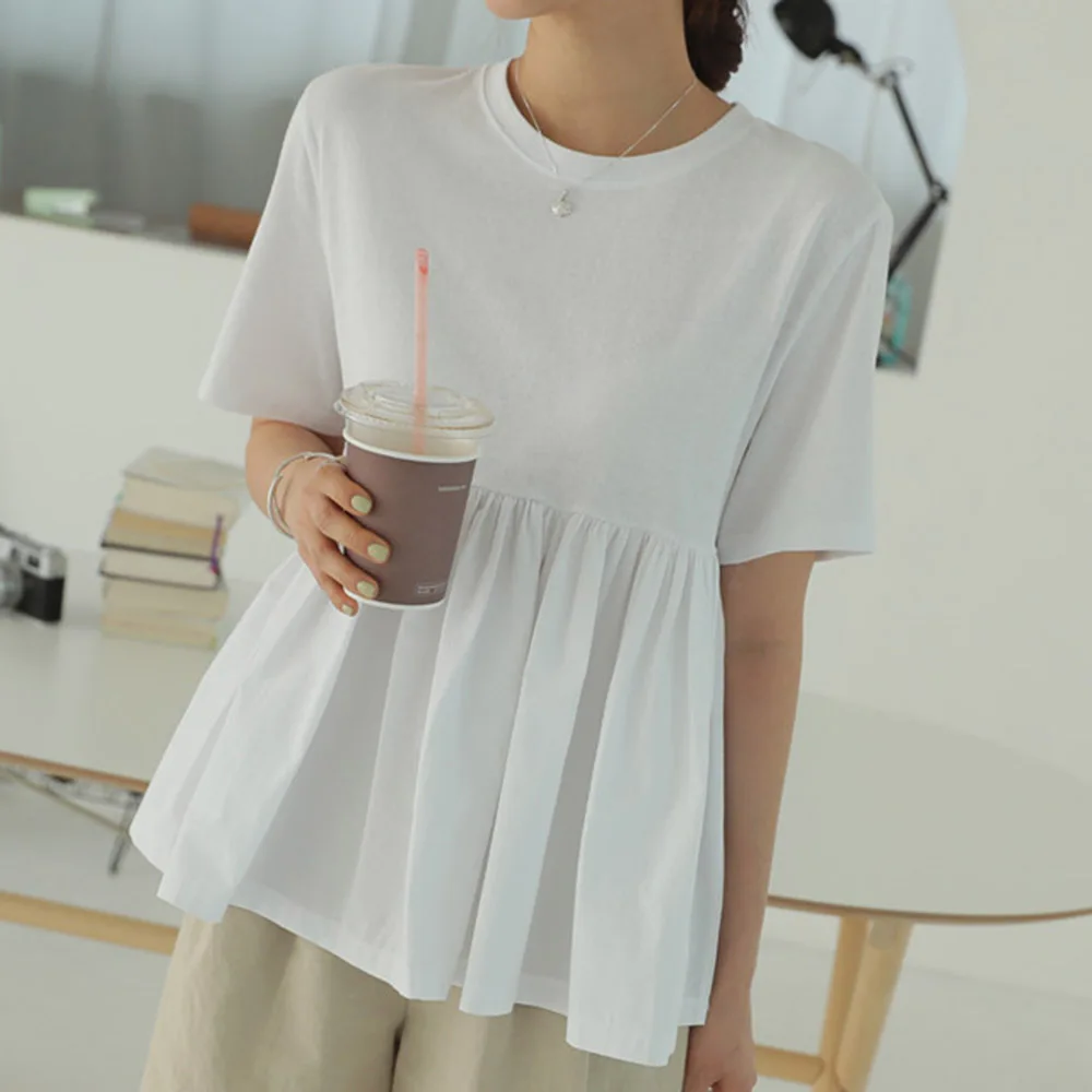 

T-shirt Women Tops Medium Long Round Neck Short-sleeve Plain Pleats Wearing Thin Ladies Fashion Summer Loose Simple Tee 2021