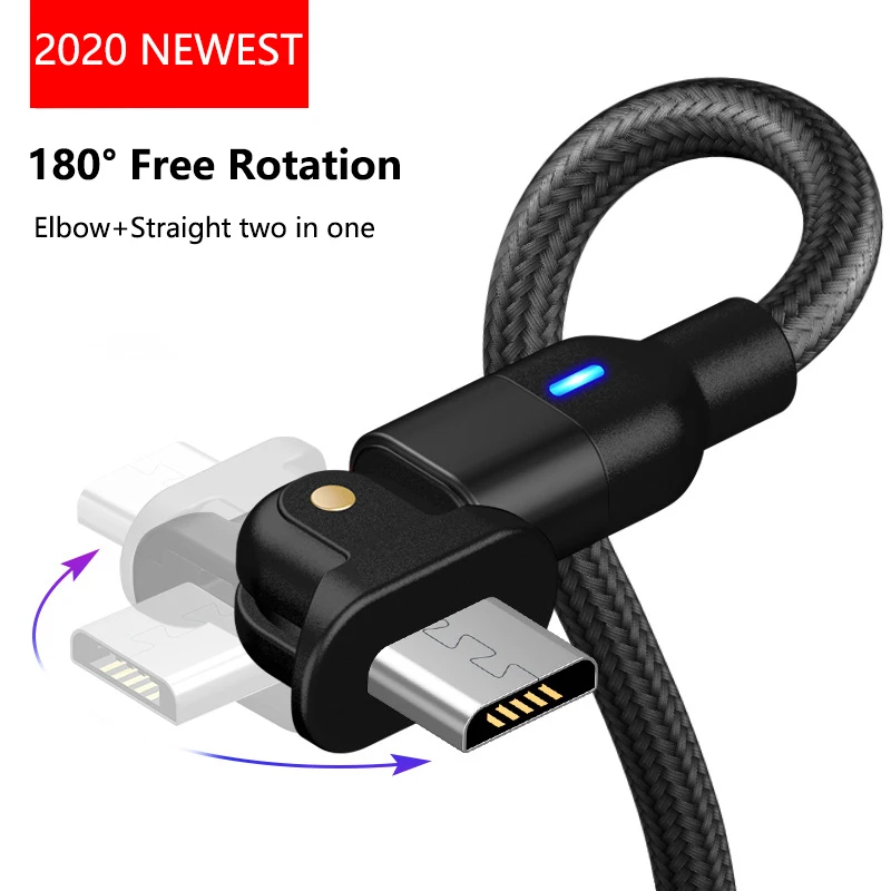 180 градусов Поворот светодиодный 3A Micro USB кабель для быстрой зарядки Samsung Xiaomi Android