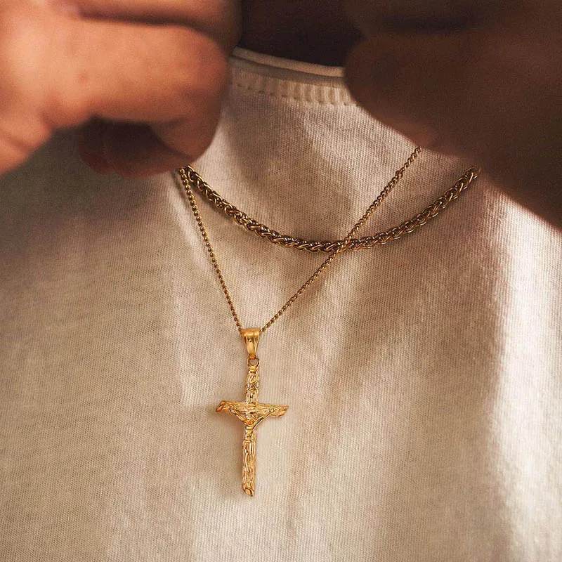 

MEN NECKLACE STAINLESS STEEL CROSS JESUS CHRIST MALE JEWELRY WITH 24 INCH