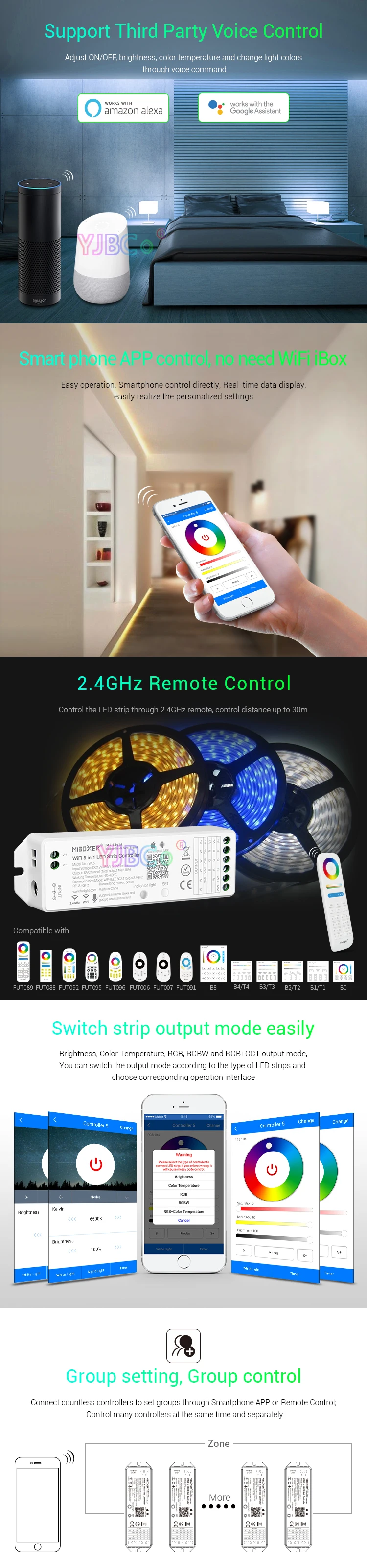 Miboxer WL5 5 в 1 светодиодный контроллер Wi-Fi для RGB RGBW RGB CCT одноцветный светодиодный светильник Amazon Alexa голосовой телефон приложение пульт дистанционного управления