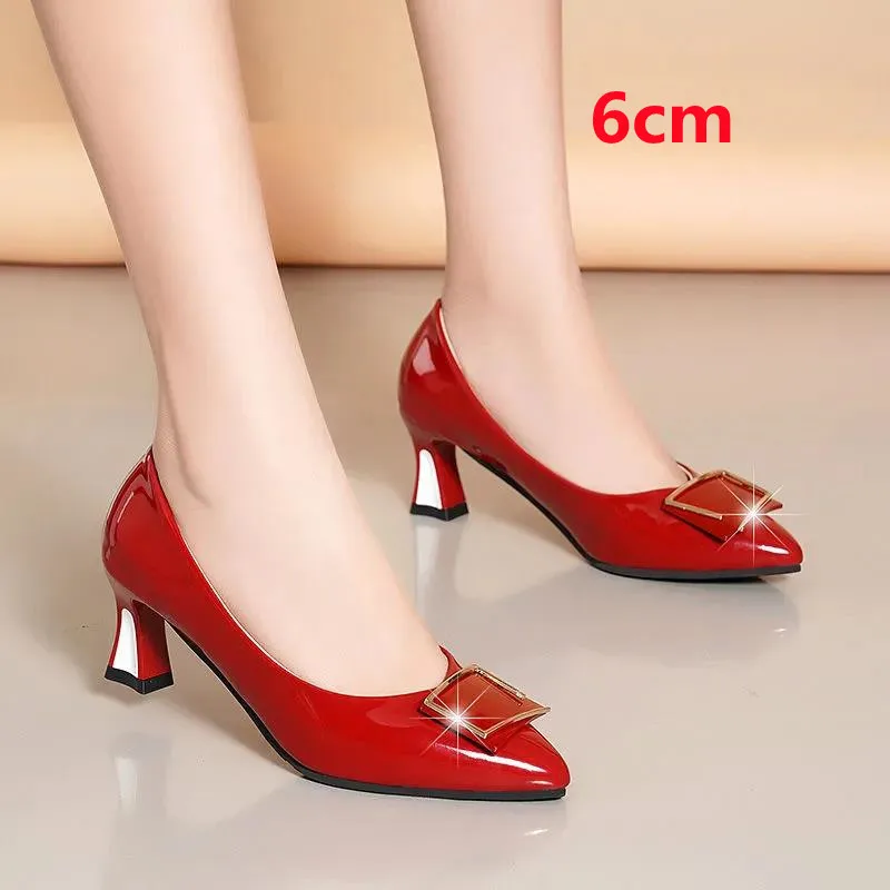 

Women Fashion Sweet High Quality Red Slip on Stiletto Heels Lady Casual Black Pu Leather Office Heel Shoes Zapatos Mujer B9313
