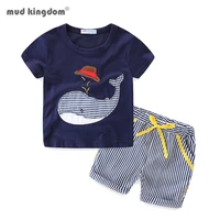 mudkingdom boys outfits cute cartoon whale pattern t shirts and striped summer shorts set for kids clothes beach suit