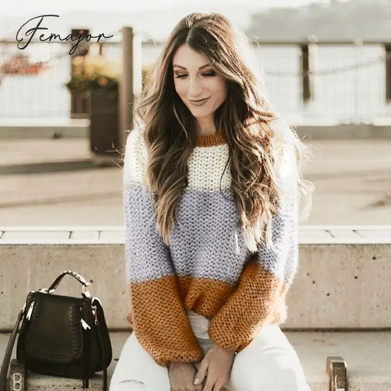 Femajor женский свитер Осень-зима 2019 круглый ворот вязаный пуловер Повседневный